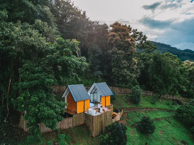 A stunning wide-angle view of the Dandelion Cabin from afar, nestled in a lush green valley with mountains in the background under a soft morning light.