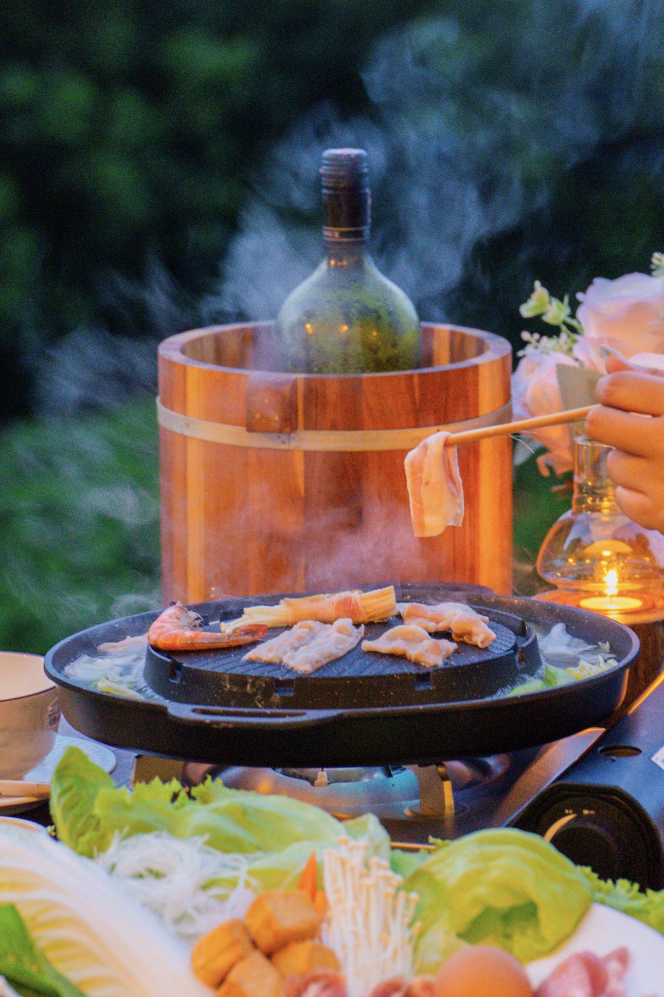 A gourmet breakfast spread served in the cabin.